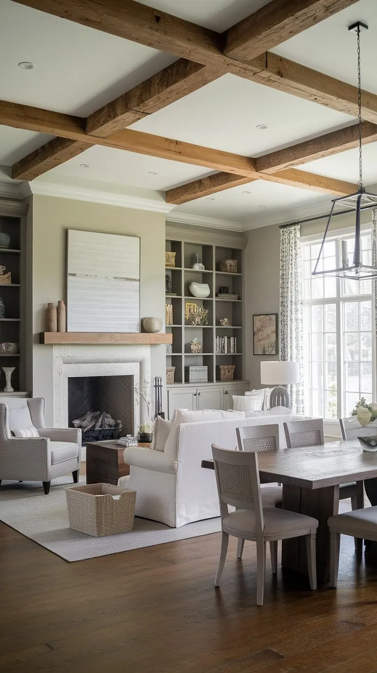 This transitional farmhouse seamlessly blends rustic charm with modern comfort. The expansive fireplace, flanked by built-in bookshelves, anchors the space, while the plush seating and dark wood coffee table add a touch of sophistication. A large dining table near the window completes this inviting and functional living area, showcasing the perfect balance of a style and practicality.