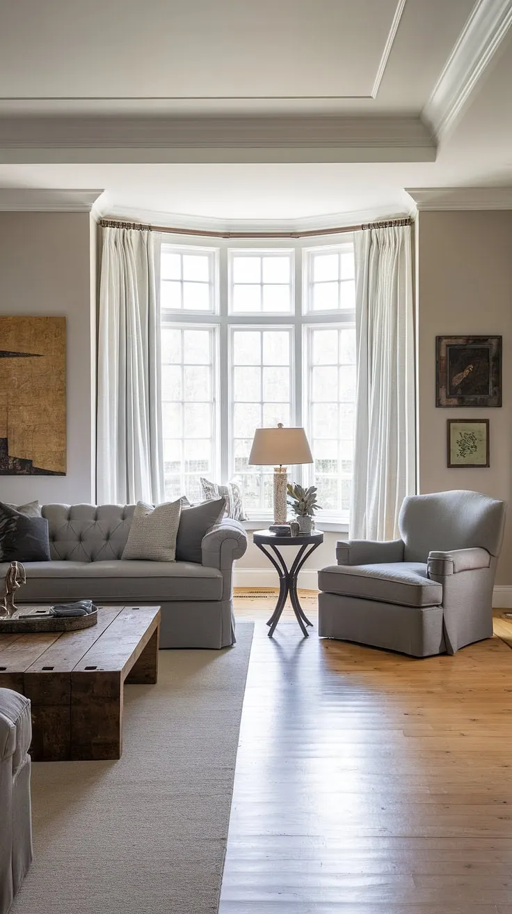 Where modern meets farmhouse charm. This transitional living room seamlessly blends sleek lines with rustic textures, creating a space that's both sophisticated and inviting. The plush gray sofa and armchair offer ultimate comfort, while the large rustic coffee table anchors the room, adding warmth and character. A perfect blend of style and comfort for everyday living.