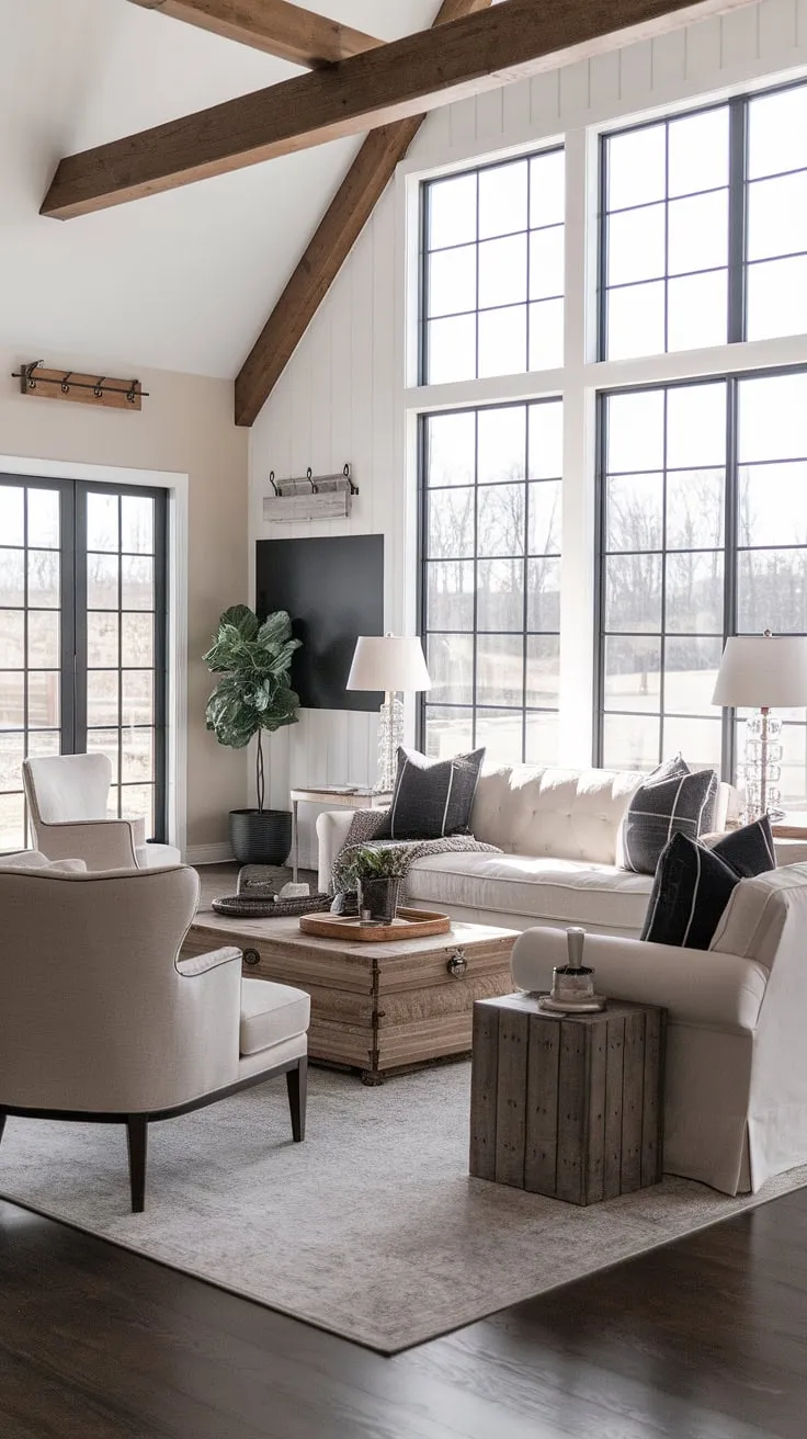 Indulge in the effortless elegance of this transitional farmhouse living room. The blend of rustic charm and modern sophistication creates a space that's both inviting and refined, a perfect sanctuary for relaxation and connection. Large windows offer breathtaking views, enhancing the feeling of spaciousness and tranquility. A testament to the art of comfortable living.