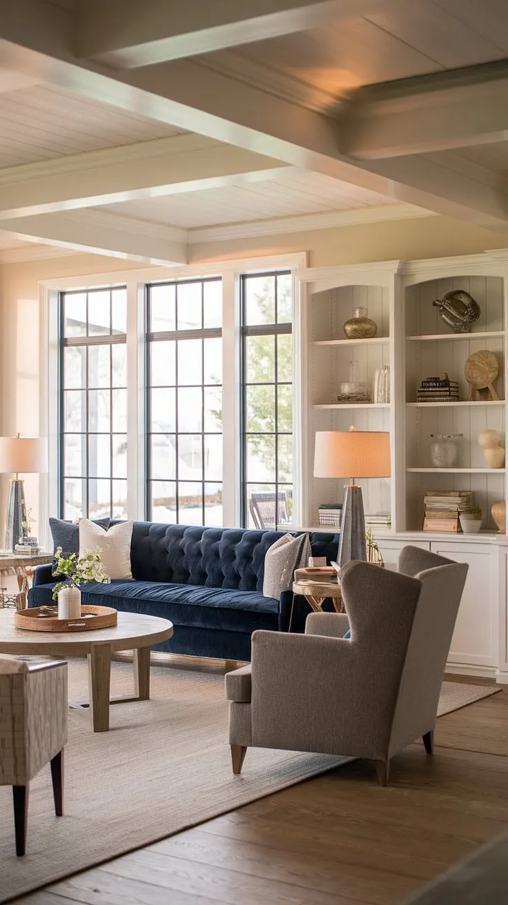 This transitional farmhouse living room is the epitome of sophisticated country living. The airy space, enhanced by large windows and a beam ceiling, is perfectly balanced with a mix of modern and farmhouse furniture. A calming blue sofa anchors the room, complemented by a gray armchair and a stylish white bookshelf, creating a space that is both inviting and elegant.