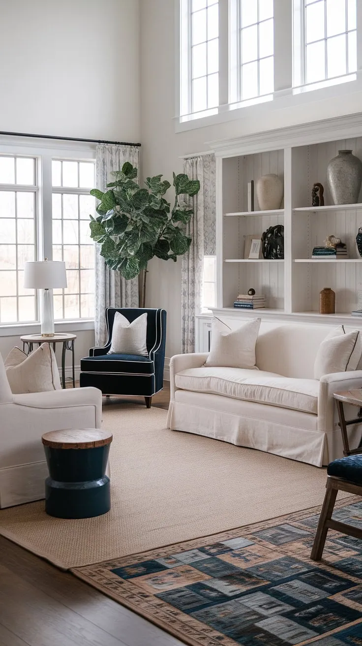 This transitional farmhouse living room effortlessly blends comfort and style. The carefully curated pieces, from the plush seating to the statement rug, create a sophisticated yet inviting space. A perfect example of how to achieve a balanced and beautiful home.