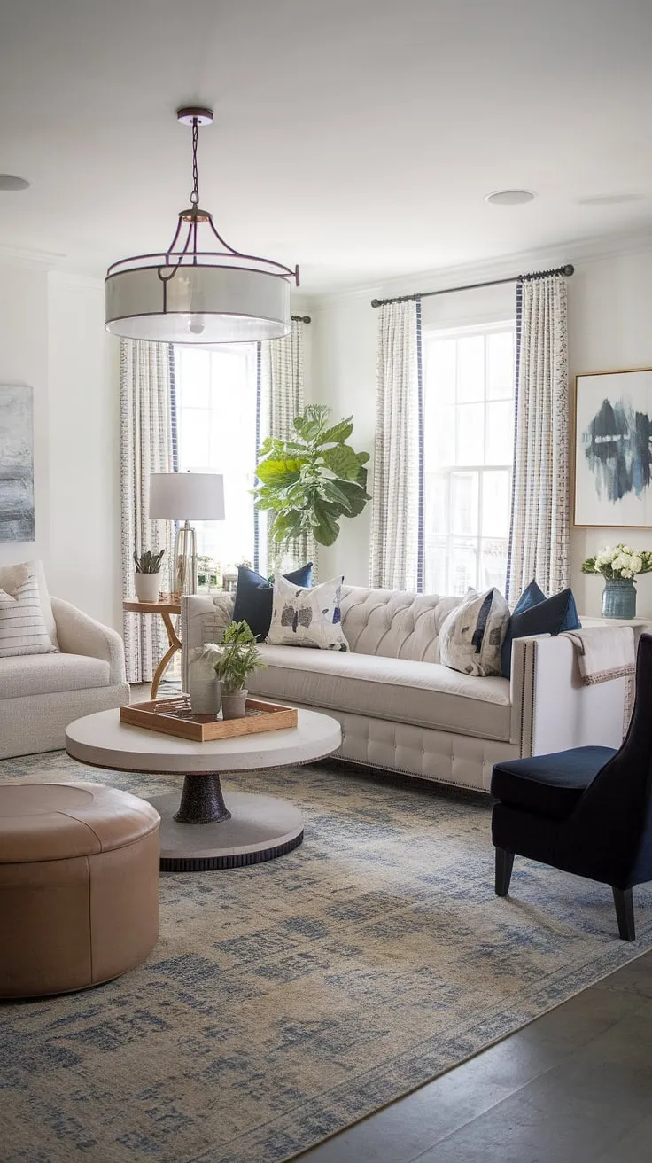 This transitional farmhouse living room effortlessly blends modern and rustic elements. The light grey sofa, complemented by a deep blue accent chair and beige leather ottoman, creates a cozy and inviting atmosphere. The statement light fixture adds a touch of drama, while the carefully chosen accessories and area rug complete the look, showcasing a sophisticated yet comfortable space. A perfect blend of style and functionality.