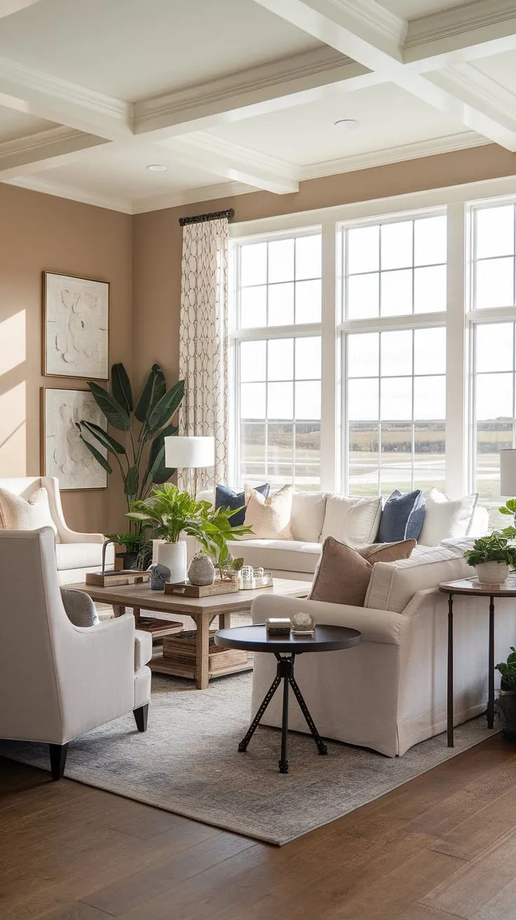 This modern farmhouse living room effortlessly blends high-end style with comfortable practicality. The spacious layout, punctuated by carefully selected furniture and décor, creates a welcoming atmosphere where relaxation and refined taste meet. A sanctuary of calm and understated elegance.