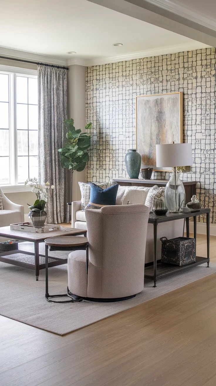 Where modern meets farmhouse charm. This transitional living room seamlessly blends high-end design with comfortable elegance, creating a space that's both luxurious and inviting. The unique wallpaper adds a touch of personality, while the light wood flooring and carefully chosen furniture pieces complete the sophisticated aesthetic. A perfect blend of textures and styles for a truly unforgettable home.