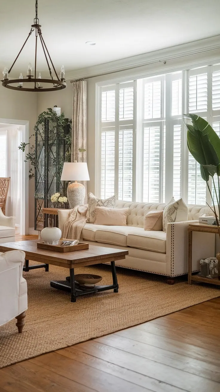 Where modern meets farmhouse charm. This transitional living room effortlessly blends rustic textures with sleek lines, creating a space that's both inviting and sophisticated. The soft gray walls, natural light streaming through the window, and the carefully curated mix of furniture and accessories-including a statement chandelier and a plush beige sofa-all contribute to a feeling of relaxed elegance. A perfect example of how to achieve a stylish and comfortable home.