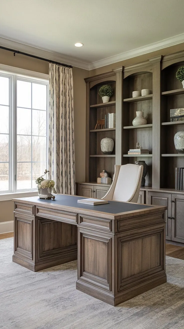 A perfect blend of modern and rustic, this home office boasts a stunning wooden desk bathed in natural light. The neutral palette and thoughtful design elements create A sanctuary for focused work and creative inspiration.