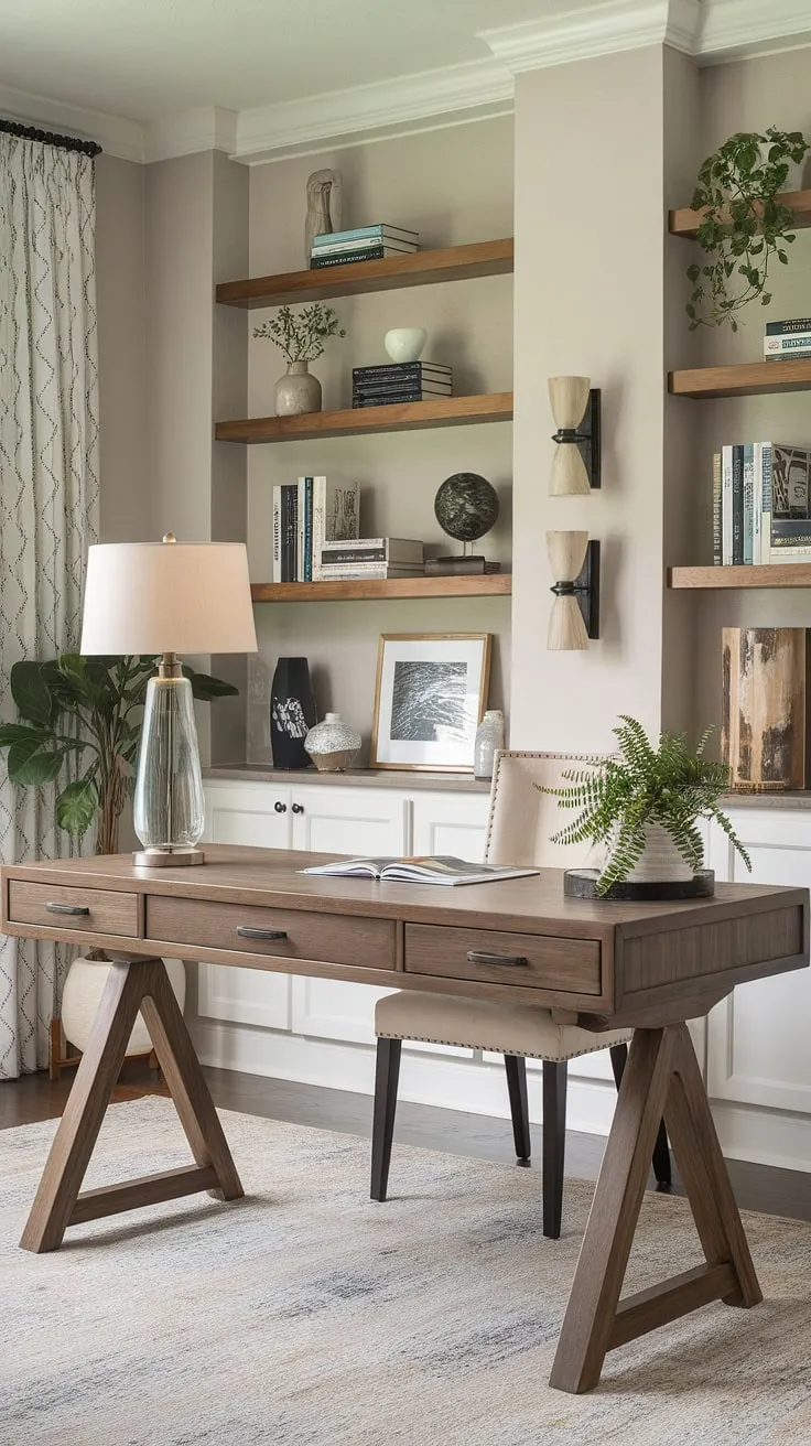Find your focus in this inviting and efficient home office. The rustic charm of the shelving and rug beautifully contrasts with the clean lines of the wooden desk, creating a space that's both stylish and productive. The perfect blend of modern and farmhouse design elements makes this room a true sanctuary.