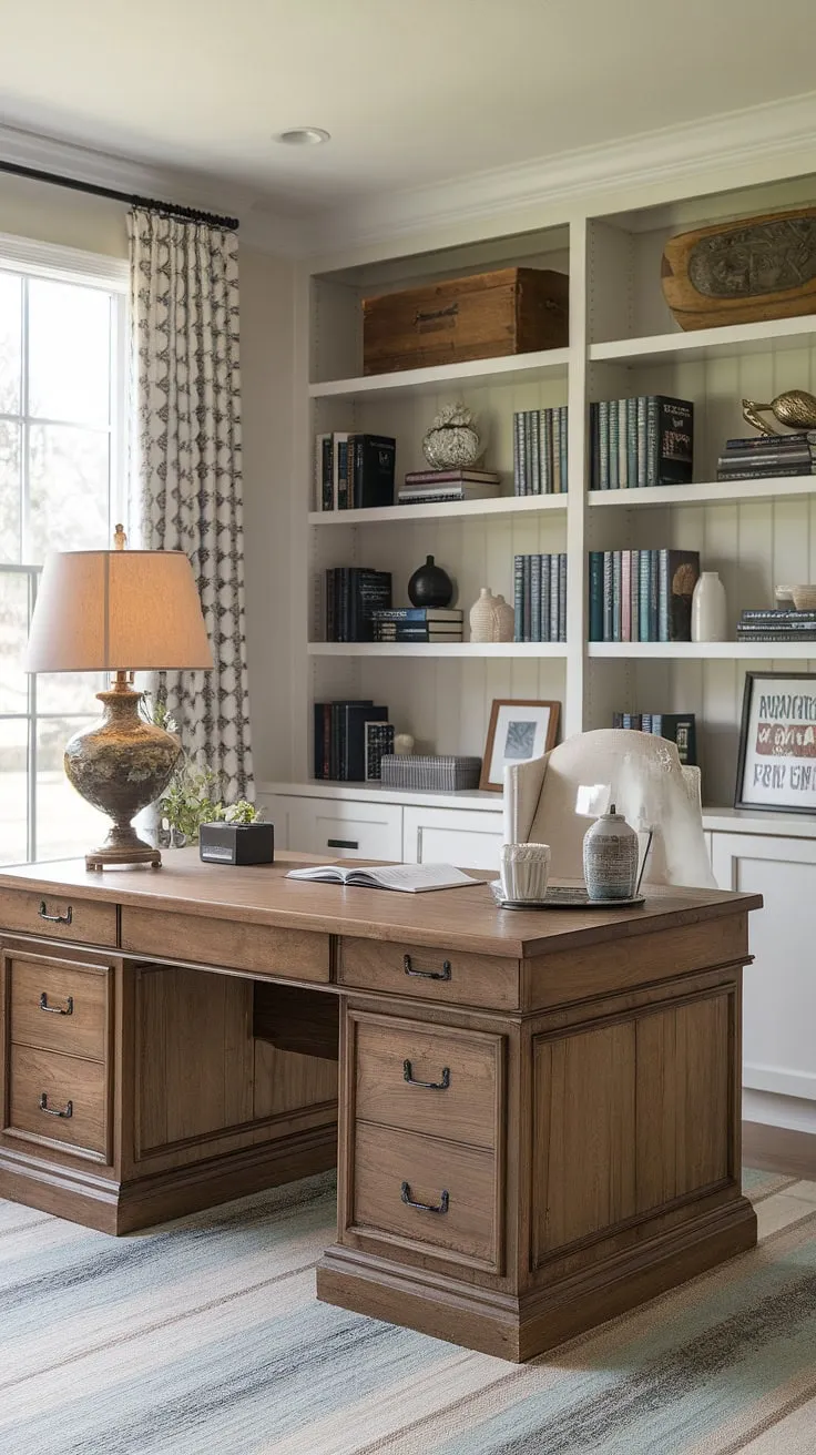 A curated collection of books and decorative items lines the shelves behind my wooden desk, a testament to the stories and inspirations that fuel my work. The natural light and vintage lamp create a warm and inviting atmosphere in this transitional home office, seamlessly merging modern and farmhouse aesthetics. A space designed for both focus and comfort, it's where ideas take shape and creativity flourishes.