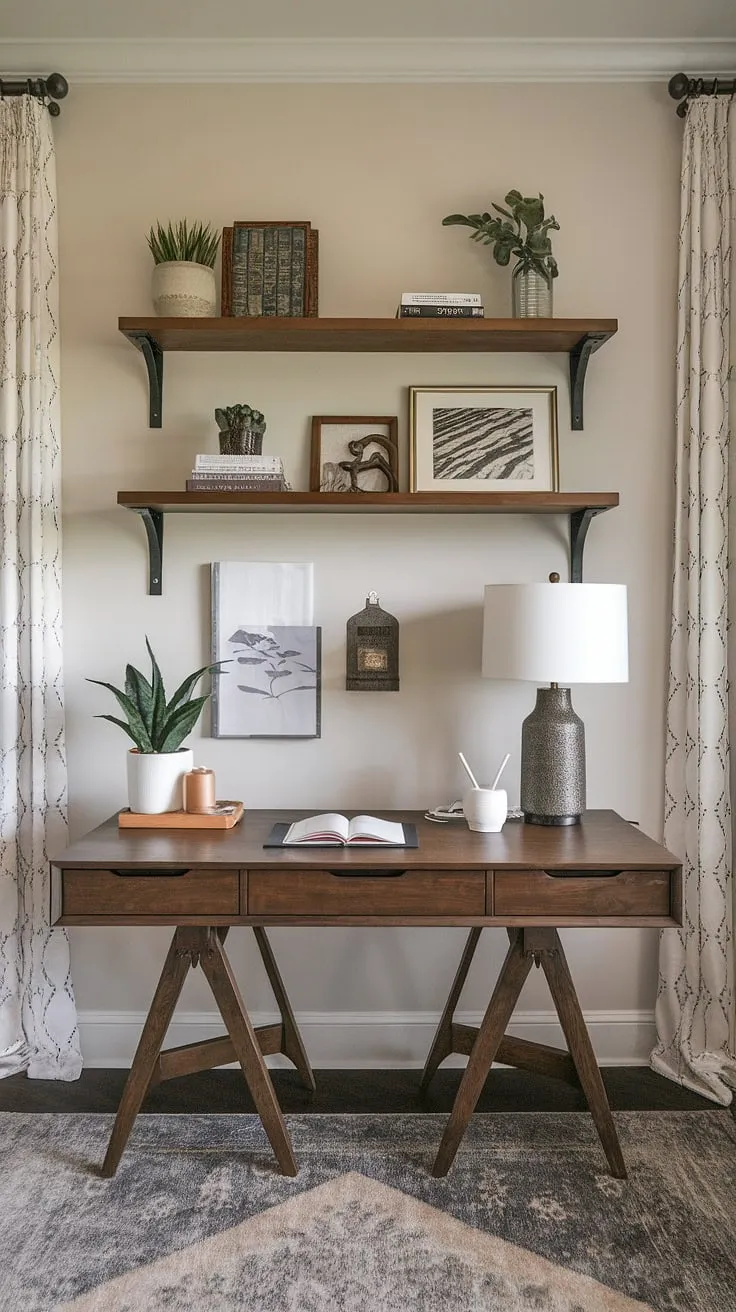 This transitional home office seamlessly blends modern and farmhouse aesthetics. A simple wooden desk, adorned with a lamp, plant, and notepad, anchors the space. The thoughtfully arranged shelves and cozy rug complete the look, creating a workspace that's both stylish and functional. A sanctuary for creativity and concentration.