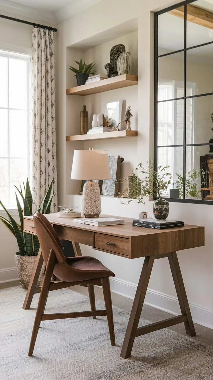 Find your focus in this tranquil farmhouse office, where modern lines meet rustic charm. The natural light streaming through the window illuminates the sleek wooden desk, creating the perfect workspace. A sense of calm and productivity pervades the space.