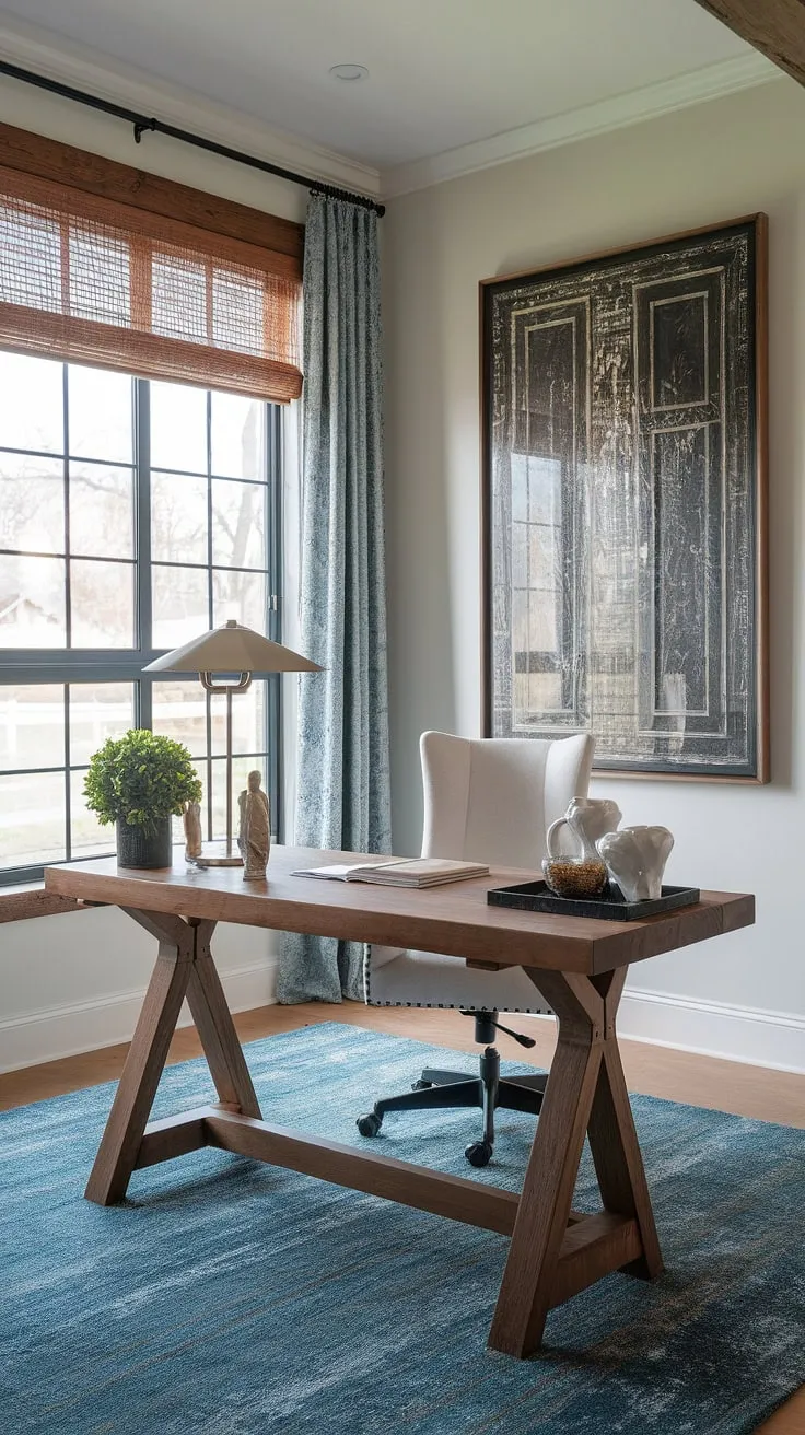 Find your focus in this inviting home office. A calming atmosphere is created by the natural light streaming through the window, the warm tones of the wood, and the carefully curated details. A space designed for both work and relaxation, where creativity can flourish.