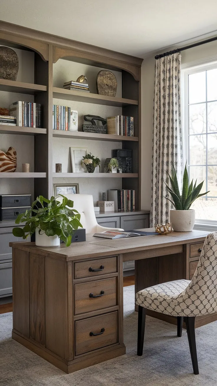 Find your focus in this tranquil farmhouse office, where rustic charm meets modern functionality. The warm wood desk, brimming bookshelf, and soft natural light create the perfect atmosphere for productivity and inspiration. A touch of greenery adds a calming element to this thoughtfully designed space.