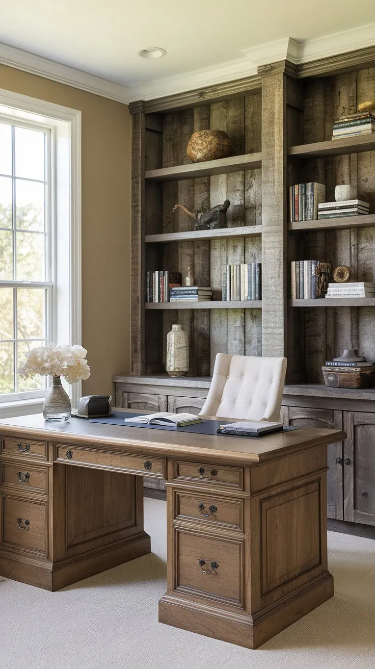 Sunlight streams through the window, illuminating the warm wood of the desk and the inviting books on the rustic shelf behind it. This transitional home office offers a perfect blend of functionality and calming aesthetics, creating a truly inspiring workspace.