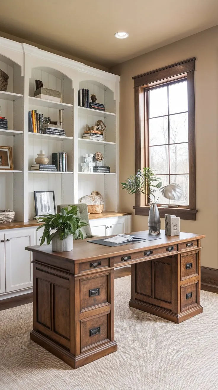 Find your focus in this tranquil farmhouse office. The warm wood tones, abundant natural light streaming through the large window, and carefully curated details create a space where work blends seamlessly with a sense of calm and a inspiration.
