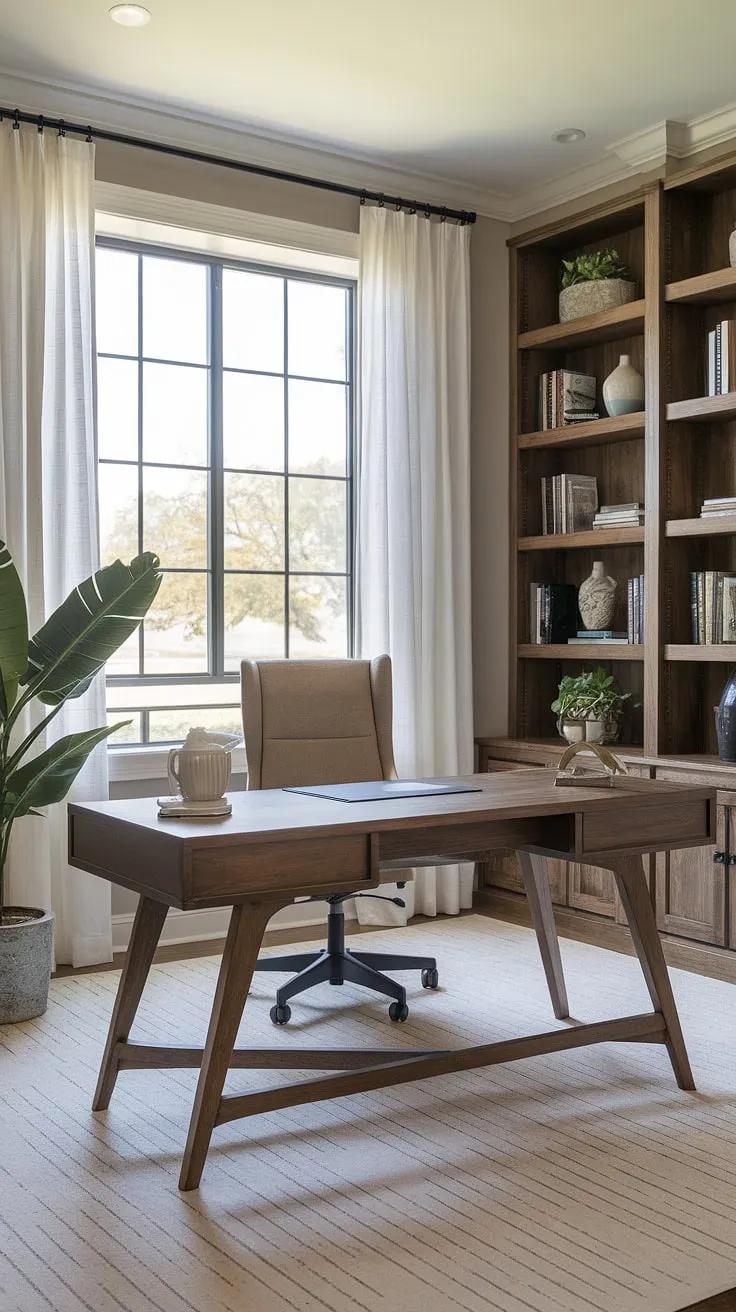 This transitional home office seamlessly merges modern aesthetics with rustic farmhouse details. The sleek wooden desk, bathed in natural light from the large window, provides a calming and productive environment. Surrounded by books, greenery, and a comfortable chair, this space is designed for both work and relaxation.