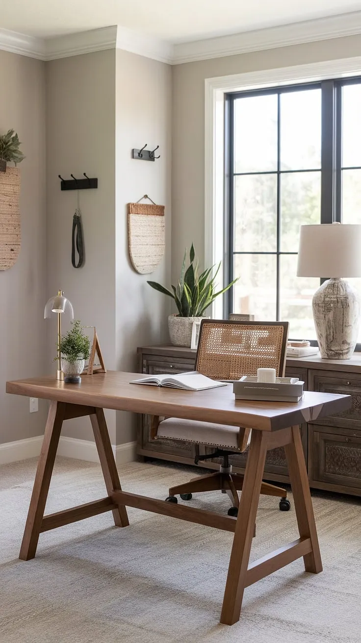 My sanctuary. This modern rustic home office, with its light grey walls and stunning wooden desk, is the perfect blend of farmhouse charm and sleek design. The natural light, comfortable woven chair, and a few personal touches create a space where I can truly focus and be productive. It's the ideal environment for creative work and quiet contemplation.