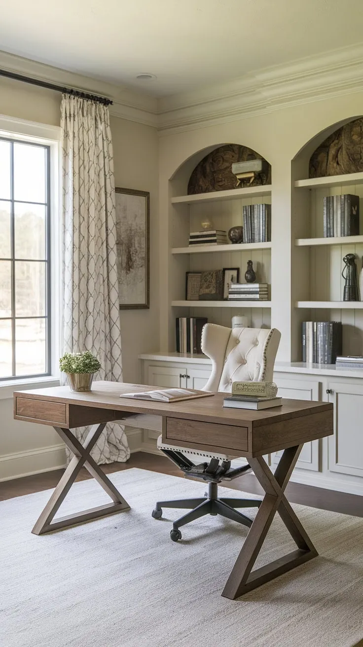 This transitional home office seamlessly blends farmhouse charm with modern functionality. The sleek wooden desk, bathed in natural light from the nearby window, provides the perfect workspace, complemented by a stylish chair and a rustic bookshelf. A cozy rug completes the inviting atmosphere.