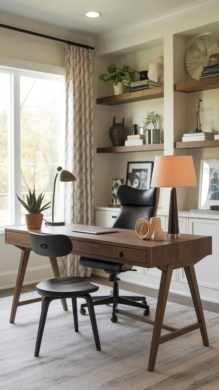 This transitional home office seamlessly blends modern and rustic elements, creating a space that's both stylish and functional. The sleek wooden desk, paired with the comfortable black chair and natural light from the window, provides the perfect environment for focused work. A touch of greenery and carefully chosen décor add warmth and personality.