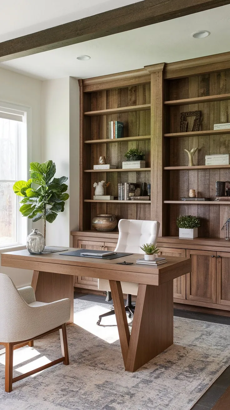 Find your focus in this tranquil home office, where modern lines meet rustic charm. The sleek wooden desk, complemented by a farmhouse-style bookshelf and a touch of greenery, creates a workspace that's both inspiring and calming. A perfect blend of functionality and aesthetic appeal.