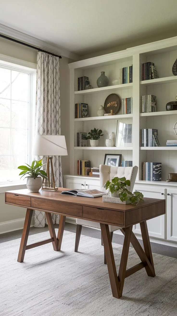 Find your focus in this tranquil home office, where modern design meets rustic charm. The natural light streaming through the window illuminates the sleek wooden desk, perfectly complemented by the white bookshelf and lush greenery. A haven for productivity and inspiration.