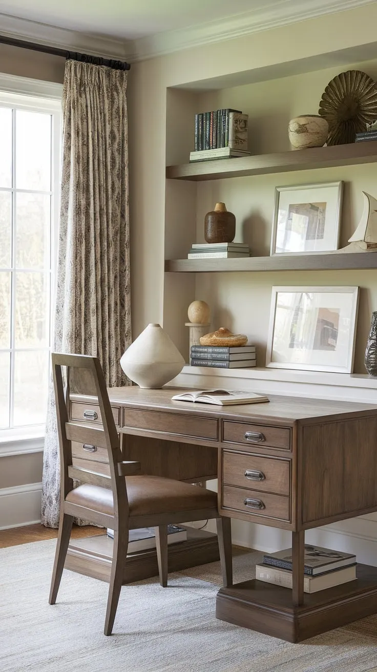 Find your focus in this inviting home office. The handcrafted wooden desk, complete with drawers and a built-in shelf, provides the perfect workspace. Surrounded by calming décor and bathed in natural light, this room is designed for both productivity and relaxation.