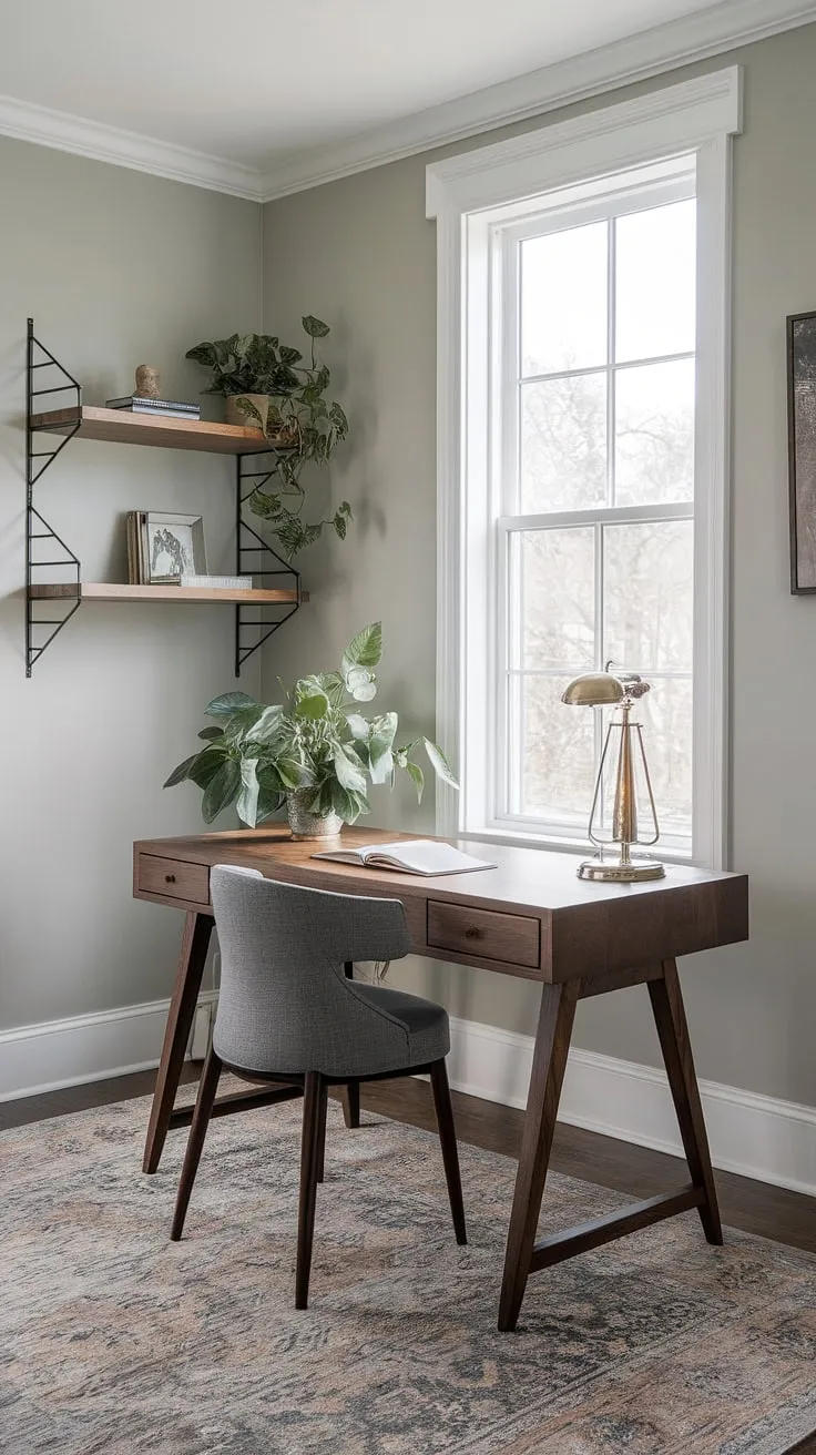 A haven of productivity meets understated elegance. This home office, with its soft gray walls and thoughtfully chosen details, seamlessly blends modern design with rustic warmth, creating a space where work and inspiration effortlessly coexist.