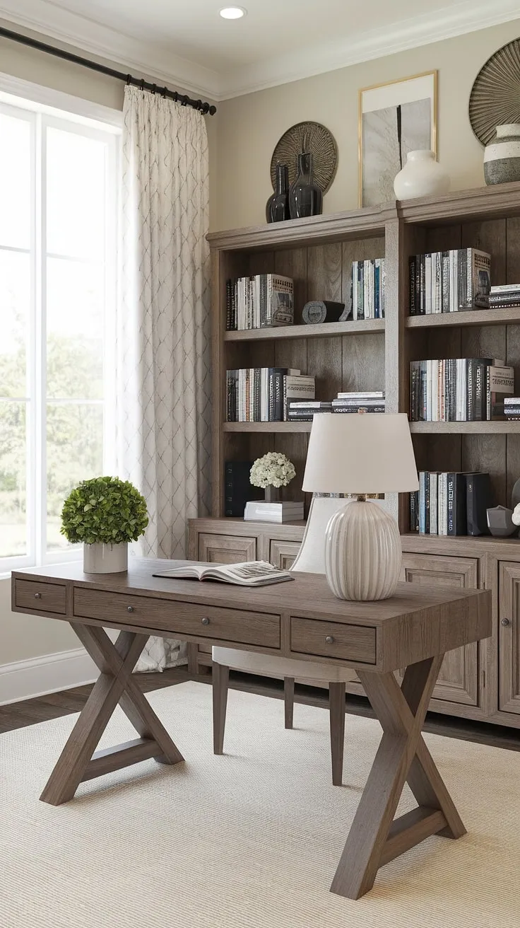 This modern farmhouse office is the epitome of A productive yet peaceful workspace. The blend of rustic wood and clean lines, accented by a touch of greenery, fosters a creative and comfortable environment. A sanctuary for focused work.