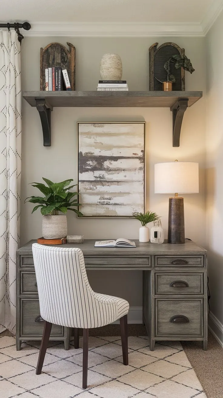 Where modern meets rustic charm. This transitional home office, featuring a warm wooden desk and thoughtfully curated details, creates a space that's both functional and inviting. The blend of farmhouse style and contemporary elements results in a workspace that's uniquely a yours.