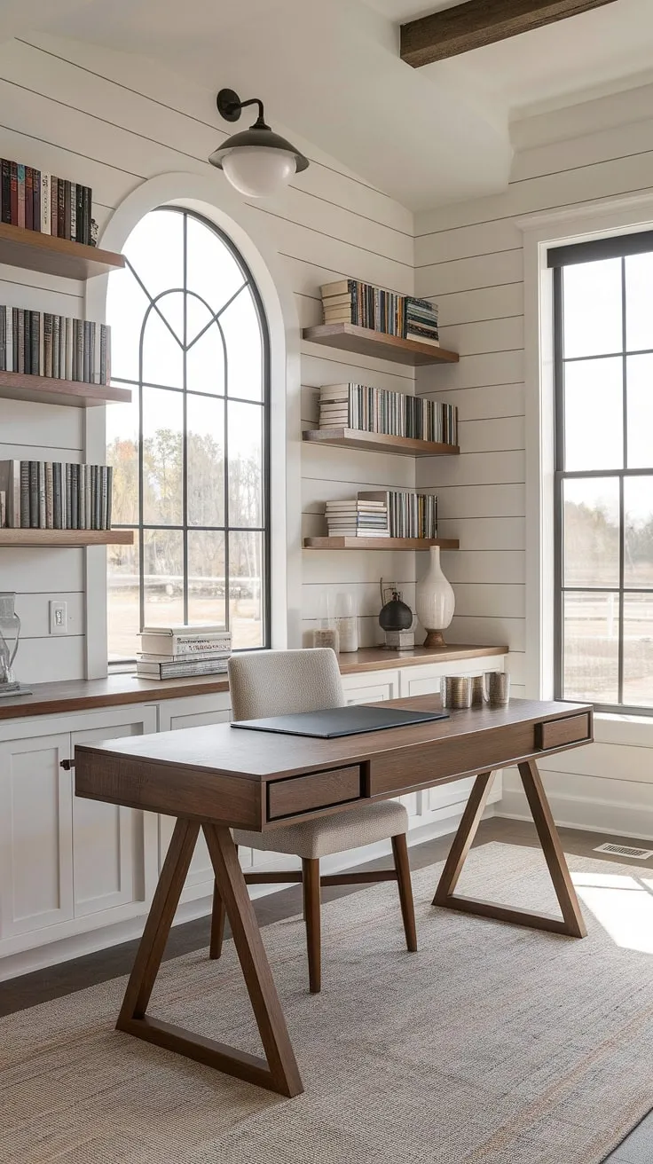 Where modern meets rustic: This home office seamlessly blends sleek design with farmhouse charm, creating a space that's both functional and inspiring. The natural light streaming through the arched window illuminates the workspace, making it the perfect place to focus and be productive. A perfect blend of textures and styles, this room is a testament to thoughtful design.