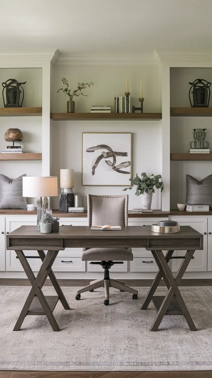 A haven for productivity and creativity. This home office effortlessly combines the sleek lines of a modern design with the warmth of rustic elements. The dark wood desk anchors the space, while the comfortable chair and stylish shelving add a touch of personality. A truly inspiring workspace.