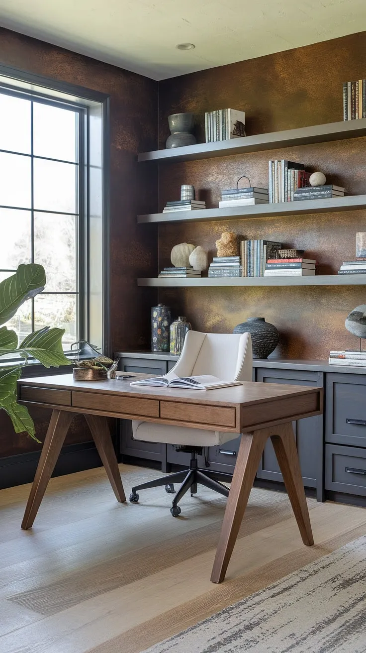 Find your focus in this tranquil home office, where modern design meets rustic charm. The natural light streaming through the window illuminates the sleek wooden desk, perfectly complemented by the textured wall and lush greenery. A haven for productivity and inspiration.
