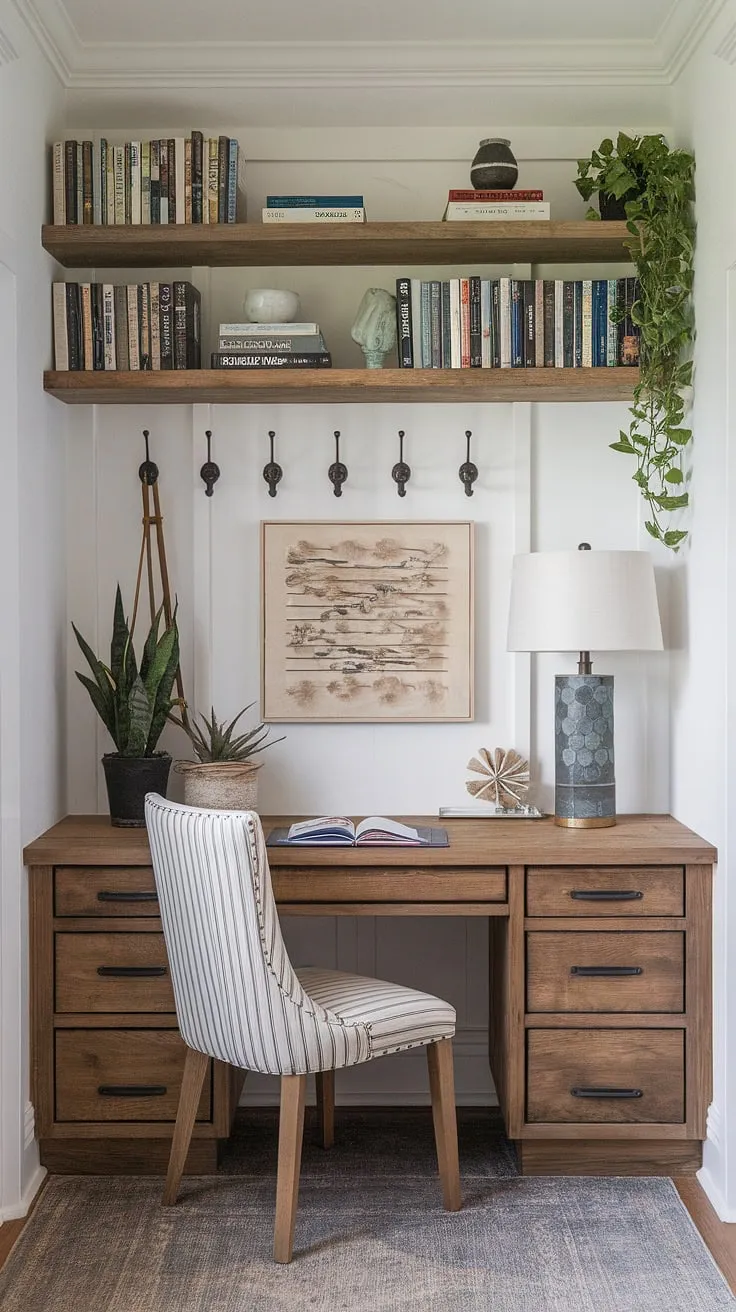 Where modern meets rustic: This transitional home office seamlessly blends clean lines with farmhouse charm, creating a space that's both functional and inspiring. The warm wood tones and carefully curated details, like the potted plant and thoughtfully placed books, contribute to a calming and productive atmosphere. A perfect blend of style and comfort for anyone seeking a workspace that reflects their unique personality.