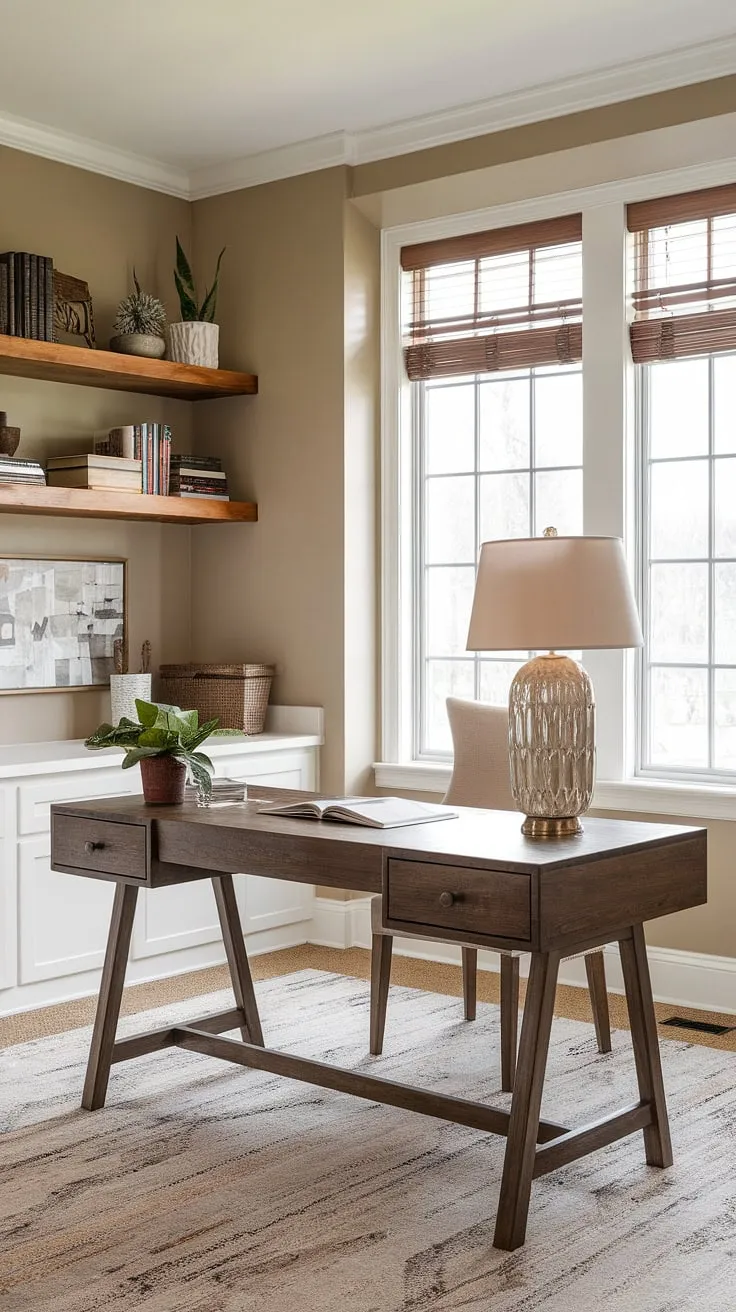 This modern rustic home office seamlessly blends farmhouse aesthetics with contemporary design. The wooden desk, bathed in natural light from the large window, provides the ideal workspace, complemented by the built-in shelving and cozy rug. A sanctuary for creativity and focused work.