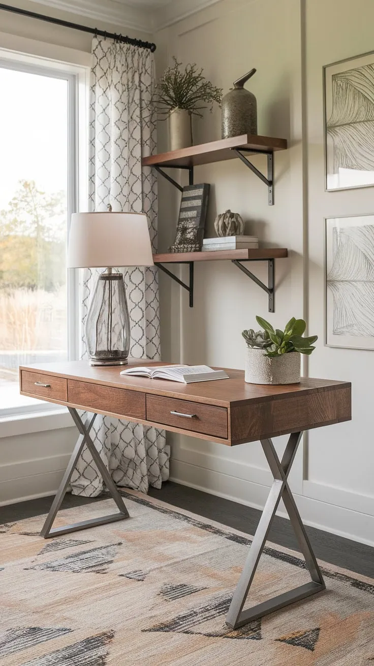 This transitional home office seamlessly blends modern and rustic elements, creating a space that's both stylish and functional. The wooden desk, bathed in natural light from the nearby window, is the perfect spot to work, surrounded by inspiring décor and a touch of nature. A calming atmosphere perfect for productivity.