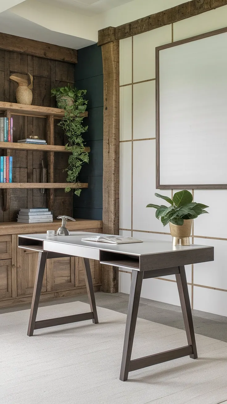 This transitional home office seamlessly blends modern and rustic elements, creating a space that's both stylish and functional. The sleek white desk with dark wood legs anchors the room, while the farmhouse-style shelving and potted plant add warmth and character. A large white frame and simple wall accents complete the look, resulting in a workspace that's as inspiring as it is organized.