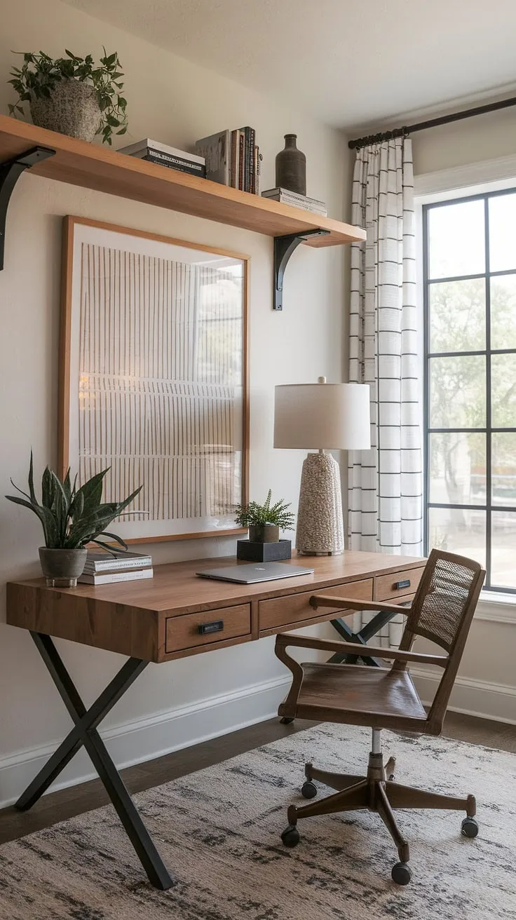 This transitional home office seamlessly blends modern and farmhouse aesthetics. The wooden desk, bathed in natural light from the window, provides a functional workspace complemented by the rustic charm of the shelving and artwork. A perfect blend of style and practicality.