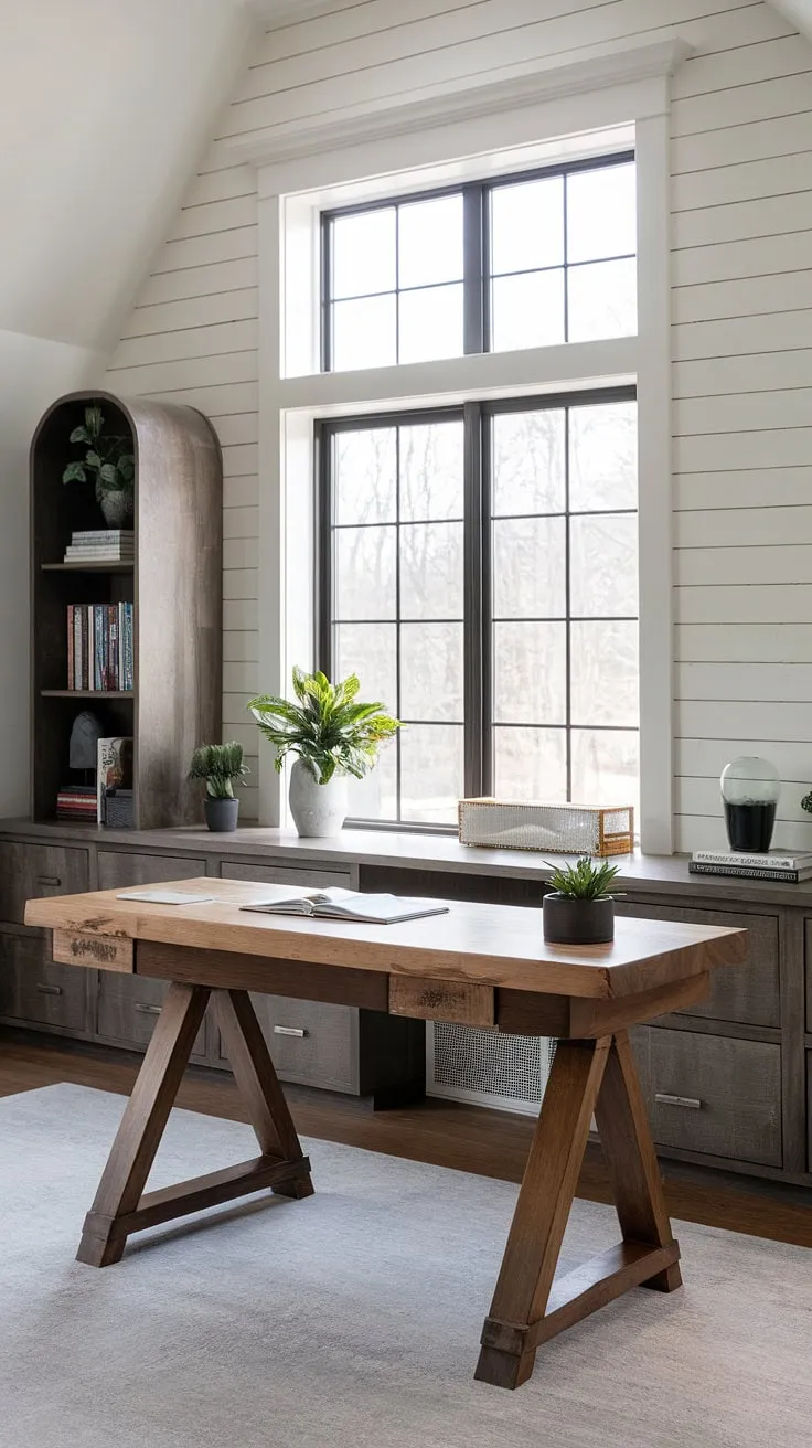 Sunlight streams through the transom window, illuminating this tranquil farmhouse office. The shiplap walls and wooden desk create a warm, modern rustic atmosphere, perfect for focused work or creative inspiration. A touch of greenery adds life to the space, while the tall cabinet provides ample storage. This is where productivity meets peaceful design.