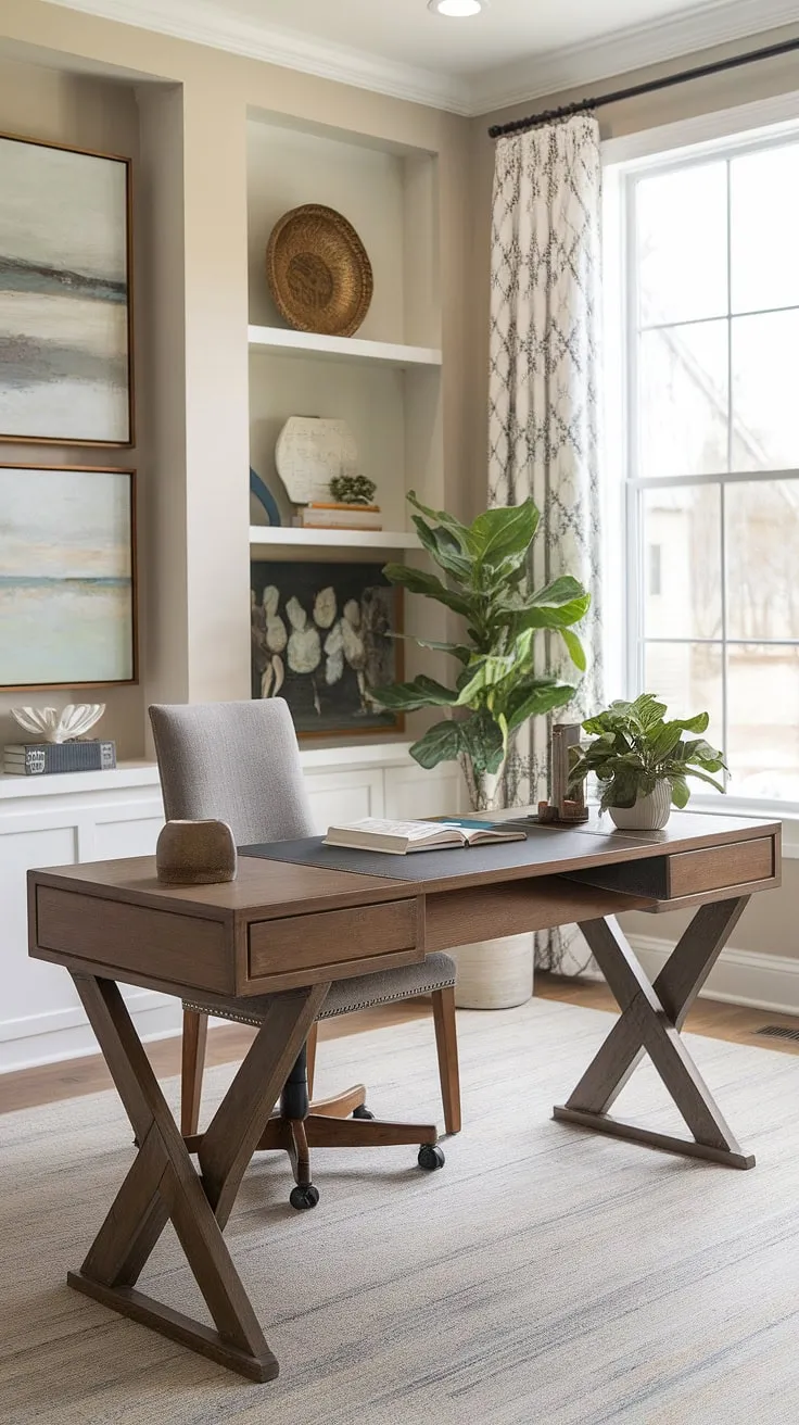 Natural light streams into this inviting farmhouse-style home office, illuminating the minimalist wooden desk and creating a serene workspace. The carefully chosen décor, including the potted plant and artwork, adds warmth and personality to this functional and stylish space. A perfect blend of rustic and refined.