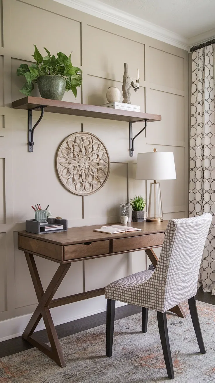 Find your focus in this charming farmhouse office. The warm wood tones of the desk, paired with carefully chosen accessories and a hint of nature, create a calming and productive atmosphere. A space designed for both work and well-being.