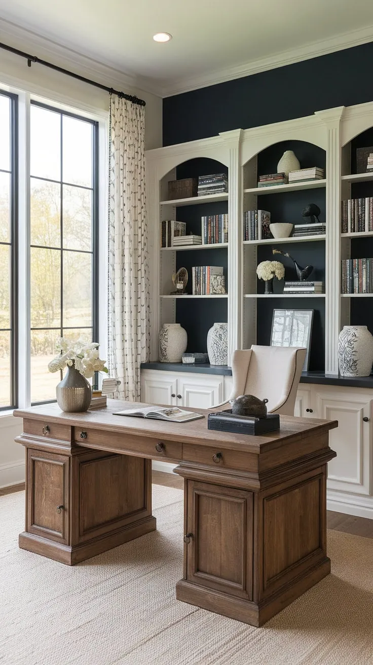 Sunlight streams through the window, illuminating the warm wood of my farmhouse-style desk, creating the perfect atmosphere for focused work in this transitional home office. The navy blue wall adds a touch of sophisticated contrast, while the bookshelves overflow with inspiration. A truly productive and aesthetically pleasing space.