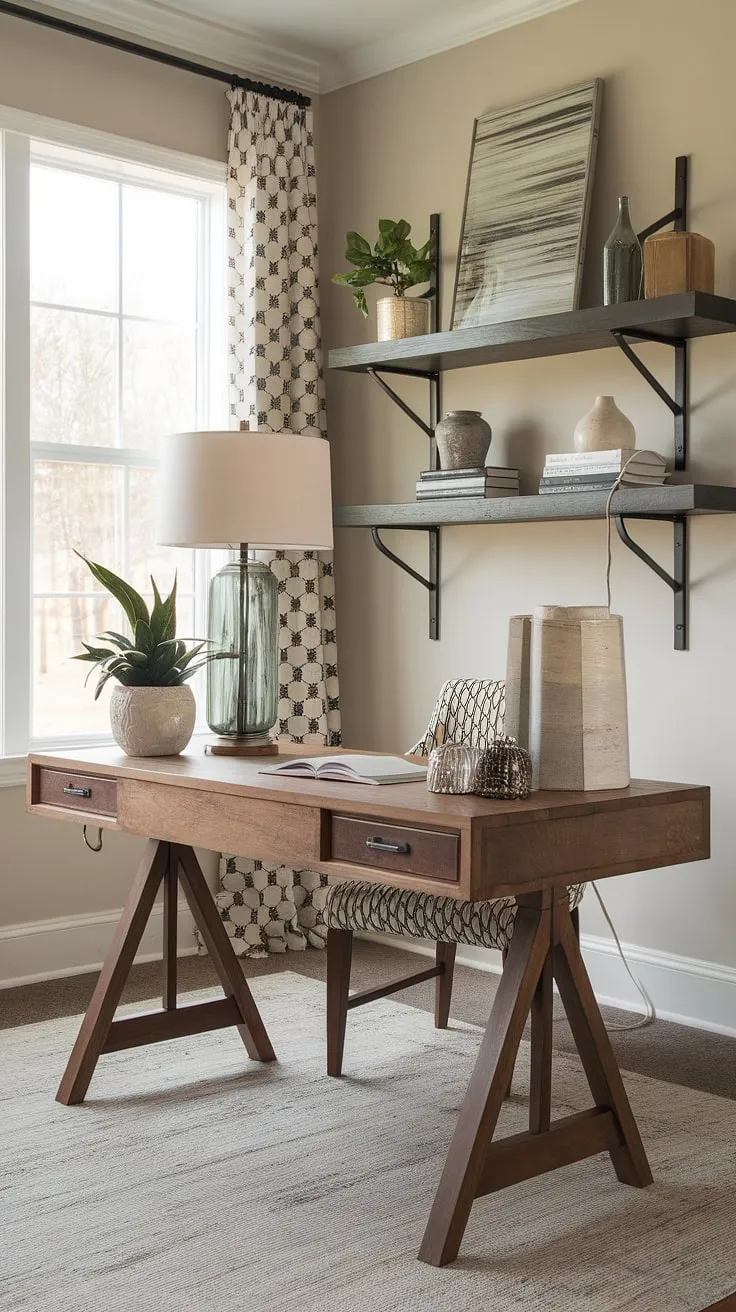 Where rustic charm meets modern functionality. This transitional home office, bathed in natural light, provides the perfect blend of comfort and inspiration. The wooden desk, adorned with a lamp, plant, and carefully curated décor, sits invitingly near the window, creating a workspace that feels both productive and peaceful. A nearby shelf holds beloved books, adding a touch of personal warmth to the space.