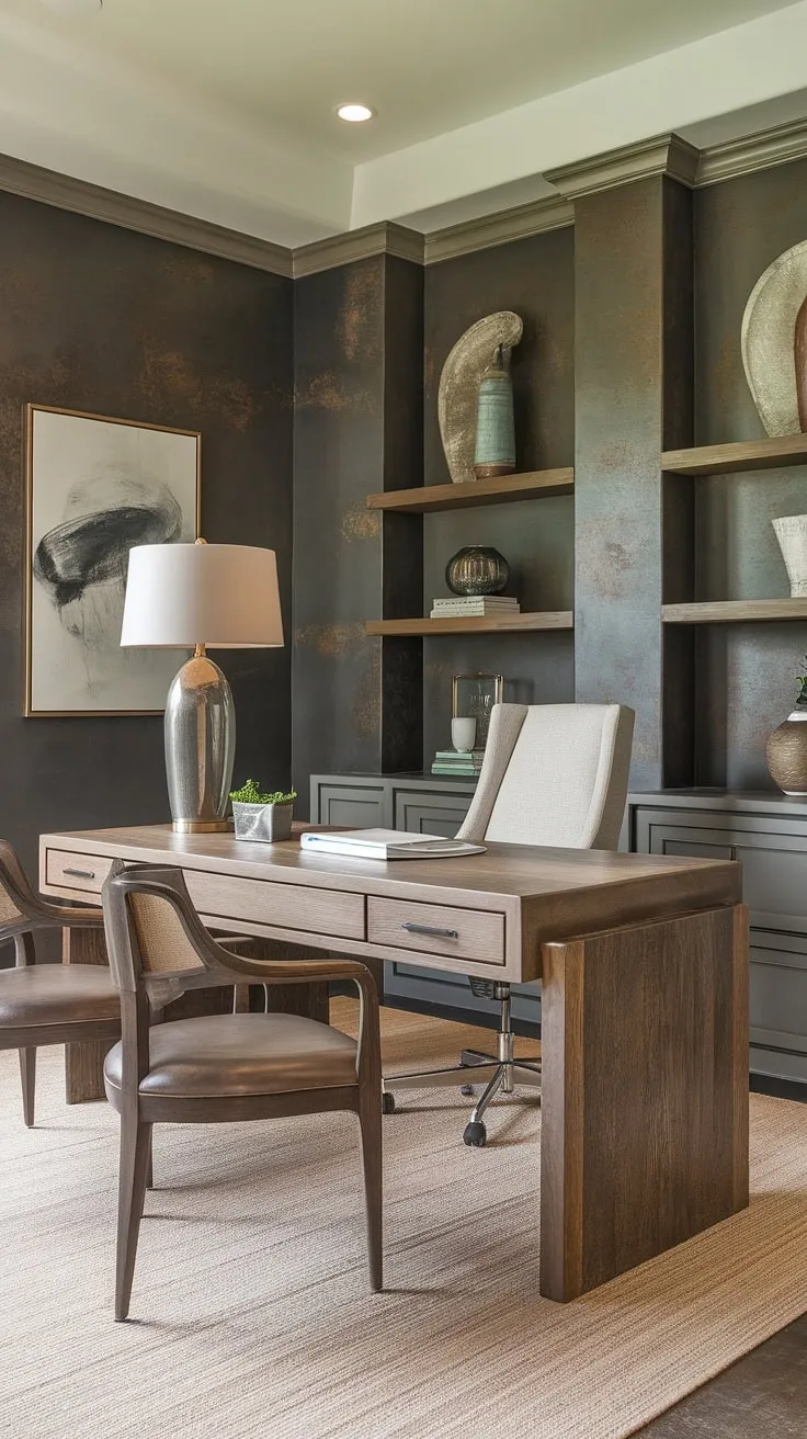 This transitional home office seamlessly blends rustic charm with sleek functionality. The dark gray walls and wooden desk create a sophisticated workspace, while the beige rug adds warmth and comfort. A perfect blend of style and practicality for focused work.