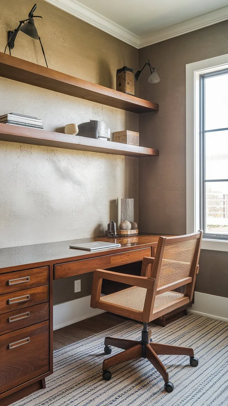 Find your focus in this charming farmhouse office. The glossy wooden desk offers a sophisticated touch, while the woven chair adds a touch of rustic charm. The functional layout, complete with a window for natural light and a convenient shelf, makes this the perfect space for work and inspiration. The textured walls add depth and character, creating a truly unique and inviting atmosphere.