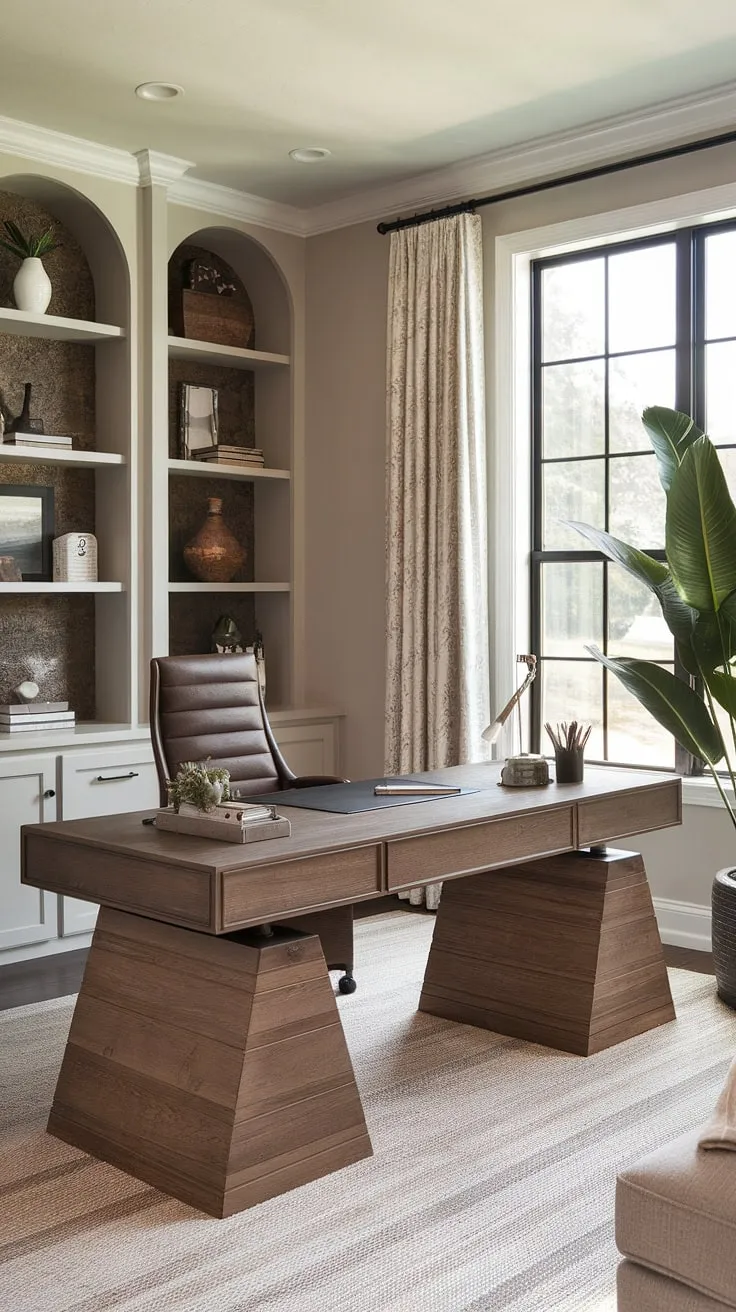 A calming sanctuary for productivity: this transitional home office seamlessly blends rustic farmhouse elements with a clean, modern aesthetic. The light grey walls and natural wood desk create a serene workspace, enhanced by the lush greenery and functional layout. A truly inspiring environment.