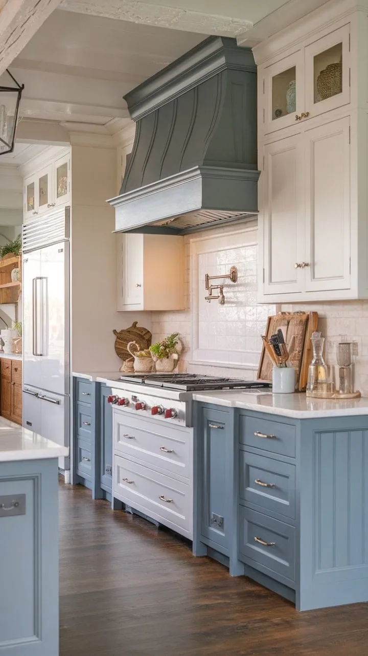Beck Owens crafted a captivating culinary haven by blending farmhouse and European cottage styles with soft blue and white cabinetry, modern appliances, and a harmonious mix of wood and metal.