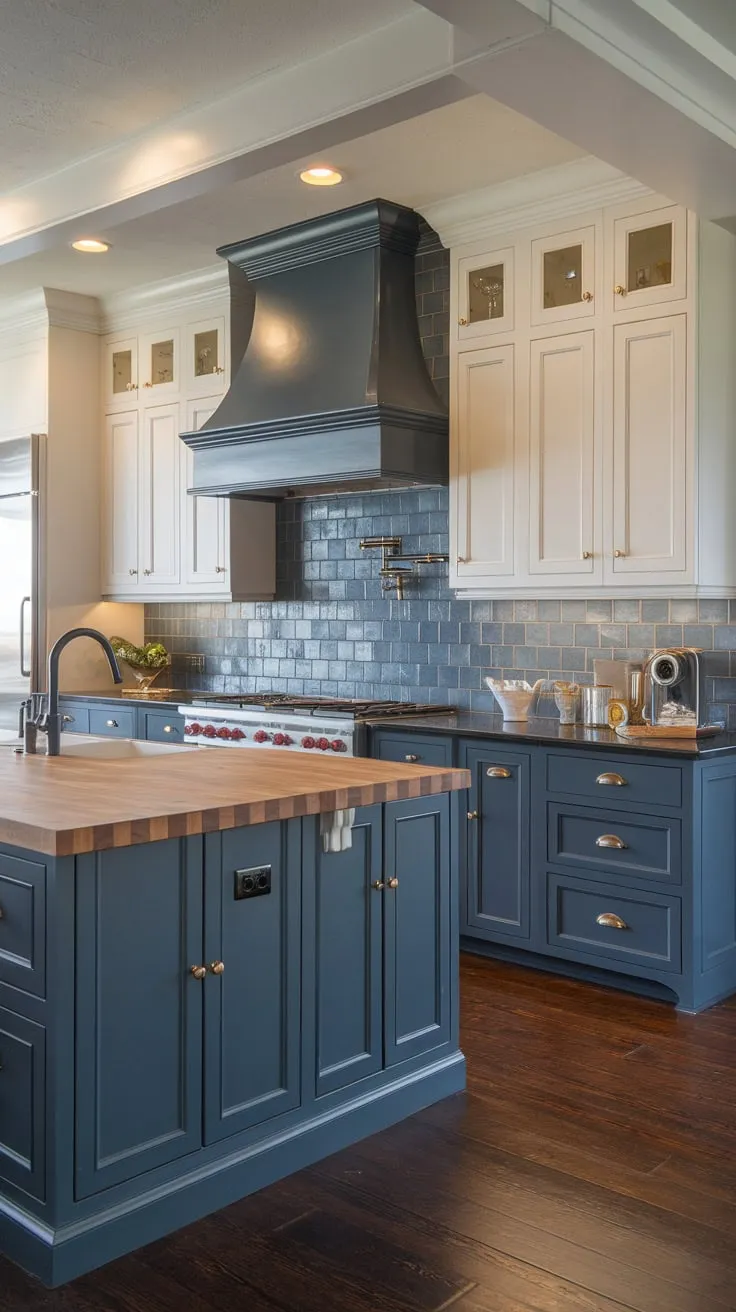 Modern decor and dark hardwood floors complete this captivating two-toned blue and white kitchen design.