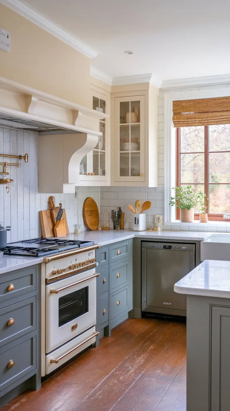 This transitional kitchen's white and grey cabinetry creates a sophisticated space with farmhouse and European cottage influences, complete with high-end appliances and a scenic window.