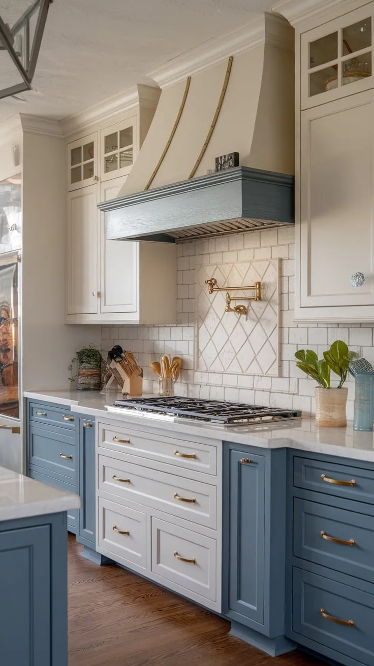 A modern, stylish kitchen by Beck Owens features a trendy range hood and two-toned cabinetry, seamlessly blending farmhouse and European cottage influences.