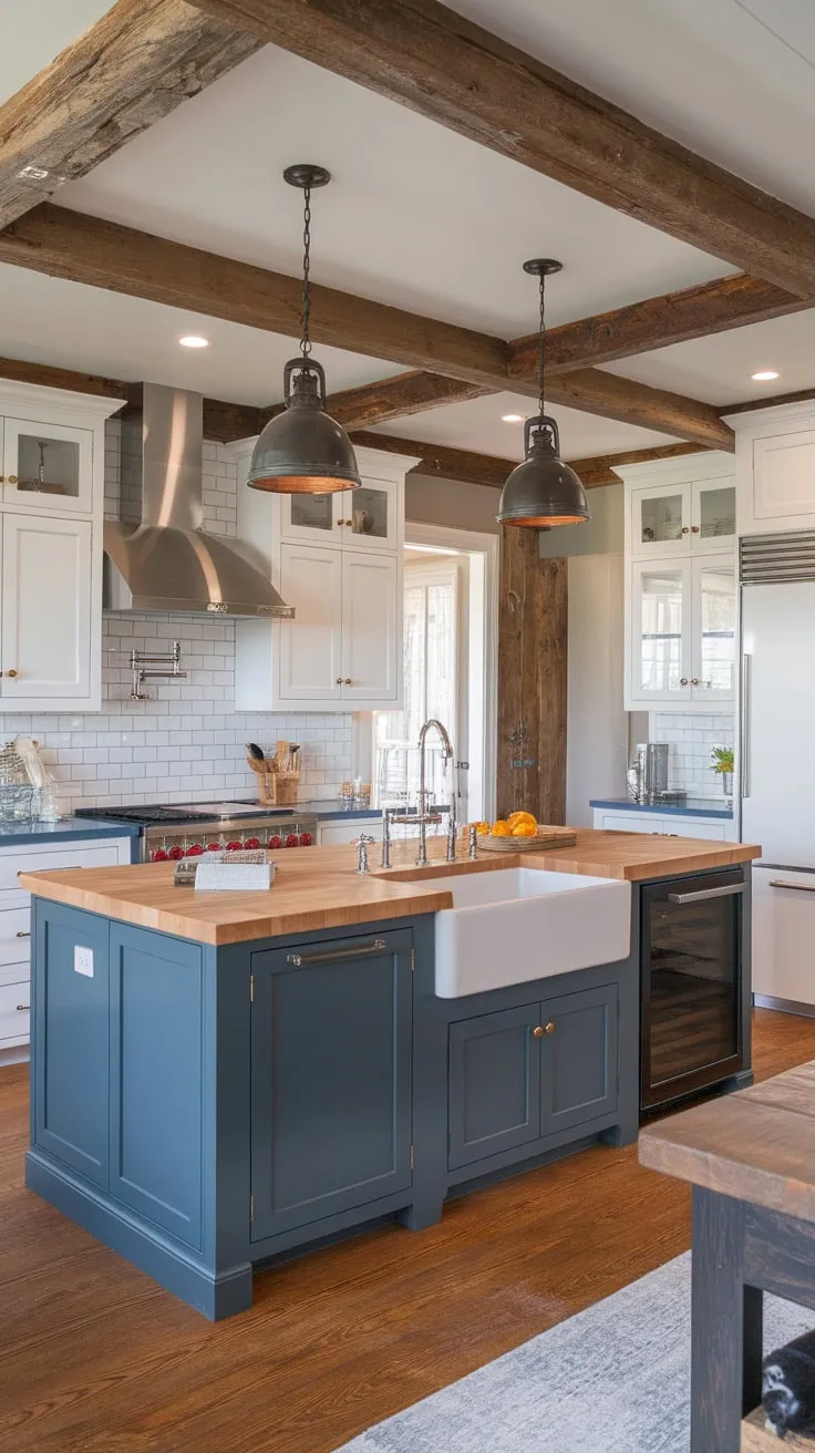 Beck Owens designed a charming transitional kitchen blending farmhouse style with modern appliances, featuring two-toned cabinets and a large butcher-block island.