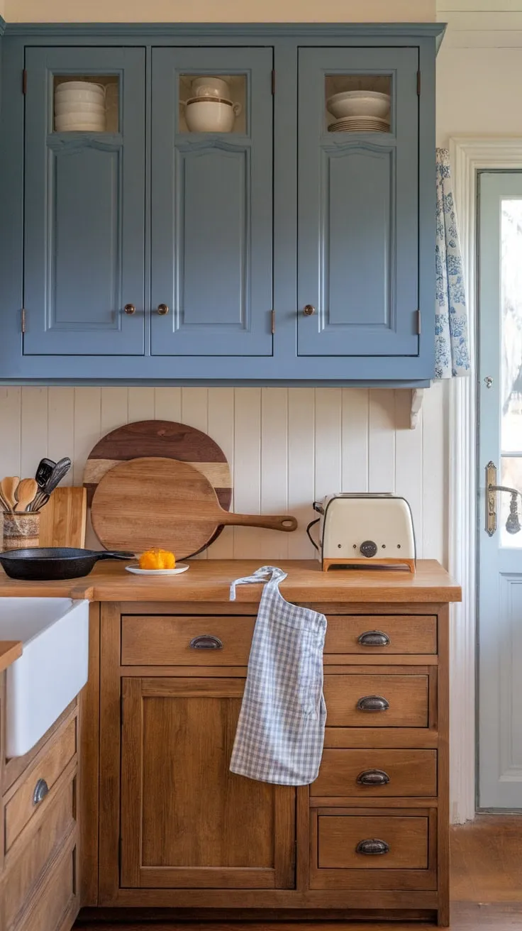This transitional kitchen blends modern appliances with a charming farmhouse aesthetic, featuring two-toned cabinetry and vintage touches.